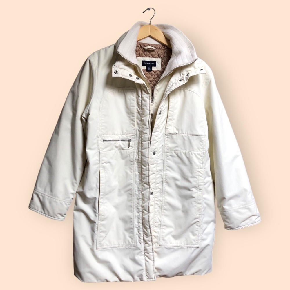 Lands End Ivory White Classic Winter Coat Quilted Lining Mid Length Women L Pet.